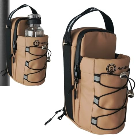 Magnepack Magnetic Gym Bag with Bottle Holder – Heavy-Duty Water Bottle Sling with Hook Strap, Multiple Pockets, Fits Most Racks – Compact, Durable, and Portable Gym Companion (Light Brown)