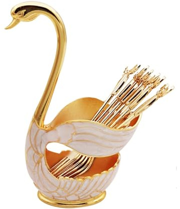 Swan Cutlery Holder - Dessert Spoon Fork Stand, Ornamental Adorable Accessory, Alloy Metal Teaspoon Rack Organizer | Elegant Tabletop Silverware Display for Dining Room Kitchen Counter Decor