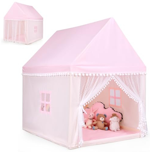 HOMASIS Kinderzelt für Indoor, Kinderspielhaus mit Matte & Fenstern & Holzrahmen & Vorhang, Kinder Spielzelt Prinzessin für Mädchen & Jungen, Bettzelt Tipi Zelt 105x120x140 cm (Modell 1-Pink)