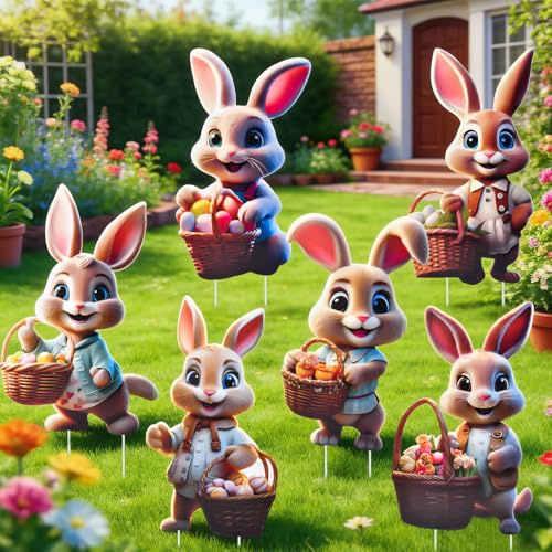 CelestiMingle 6 Stück Osterhasen Gartenstecker – Wetterfeste Osterdeko für Draußen, Große Osterhasen & Ostereier Stecker für Garten, Rasen & Hof, Frühlingsdeko Outdoor (ca. 35 × 22 cm) (A)