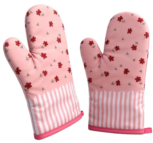 2Pcs Pink Oven Gloves Heat Resistant, Oven Mitts Pink Kitchen Accessories | Cute Flower Pattern Cotton Kitchen Gloves Suitable for Baking Cooking (28CMx18CM)