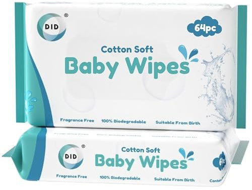 DID Cotton Soft Baby Wipes, With 99.9% Water Fragrance Free & Biodegradable Wet Tissues, Suitable from Birth, Gentle & Sensitive Skin, Travel friendly for Face, Hand & Everyday Use, Pack of 64