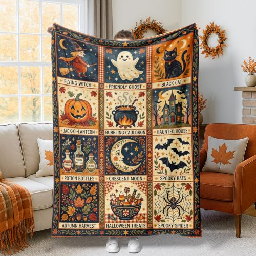 Überwurfdecke mit fliegender Hexe, Halloween, saisonaler Geist, Jack-O'-Lantern, Halloween, orange, Plüschdecke, leicht, kompakt, ästhetisch, für Couch, Sofa, Bett, Wohnzimmer, Büro, Schoß, 127 x 152