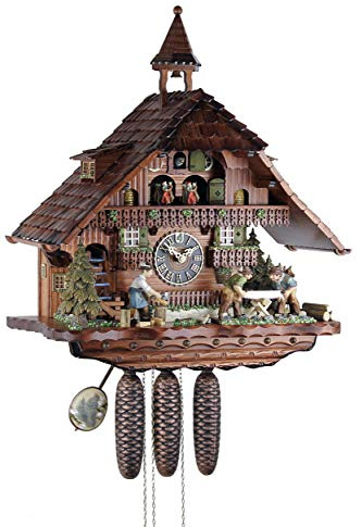 Kuckucksuhr Original Schwarzwälder Kuckuckuhr Echtholz mechanisches 8-Tage Laufwerk Musik NEU VDS Zertifikat Hönes -Schwarzwaldhaus 57cm- 86275T