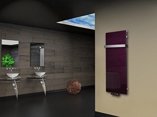 Badheizkörper mit Glas Design Montevideo 2 (Glasfront) 120x47cm 799 Watt violett (+1 Halter 50mm) SZAGATO Handtuchwärmer Handtuchtrockner Handtuchhalter Paneelheizkörper vertikal Mittelanschluß
