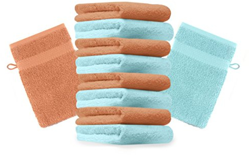 Betz 10 Stück Waschhandschuhe Premium 100% Baumwolle Waschlappen Set 16x21 cm Farbe orange und türkis