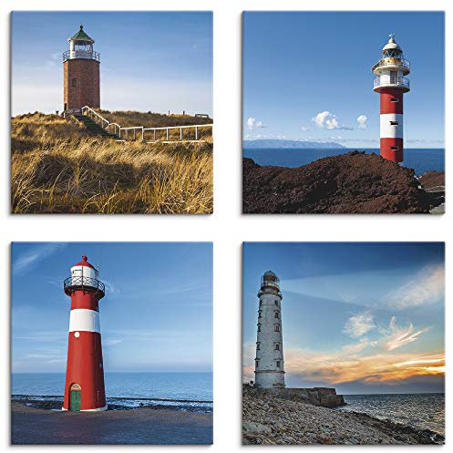 ARTLAND Wanddeko Strandbilder Leinwand Bilder Set 4 tlg. je 40x40 cm Quadratisch Wandbilder Leuchtturm Strand C9AU