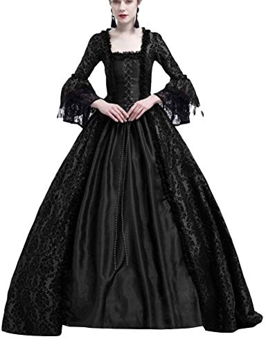 PengGengA Damen Mittelalter Kleider Glocke Ärmel Viktorianischen Königin Kleid Cosplay Kostüm Langarm Gothic Jahrgang Prinzessin Renaissance Bodenlänge Schwarz L