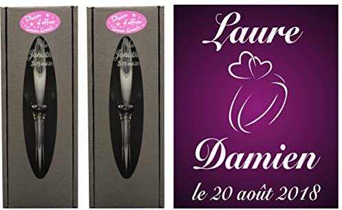 2 Flûtes à Champagne Gravées Modèle Alliances Cœurs avec 2 Boîtes Cadeaux - Cadeau de Mariage pour Les Mariés : repas, Invité au vin d'honneur, Anniversaire - Verre capacité 17cl
