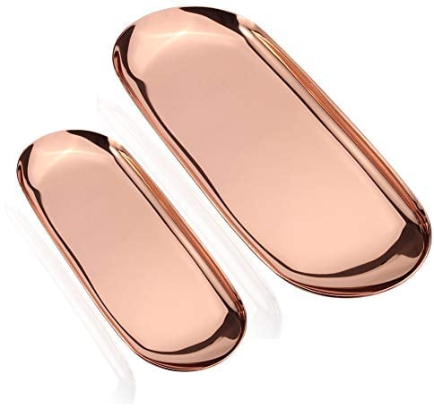 2 Pcs Stainless Steel Cosmetics Tray, Dessert Candy Dish Tea Coffee Cup Plate, Storage Tools for Jewelry Bathroom Vanity Towels Holder (Rose gold)