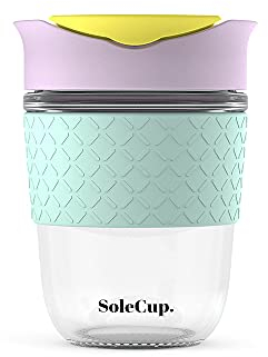 SoleCup. - Reusable Strengthened Glass Travel Cup - Spill Proof Insulated Coffee Mug - 12oz/340ml BPA-Free Hot Drink Travel Mug with Lid & Silicone Band (Ice Cream, 12oz / 340ml)