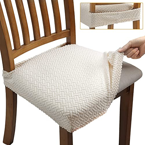 Fuloon 4 Pcs Housse de Chaise Extensibles en Jacquard pour Salle à Manger Amovibles et Lavables (avec Sangles de Dossier), Beige