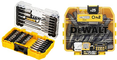 Dewalt DT70702 40 Piece Impact Screwdriver Bit Set + Tough Case Fits TStak Caddy, Black & DT71521-QZ DT71521-QZ-Juego 25 puntas Pz2 de, Yellow/Black, 25 mm, Set of 25 Pieces
