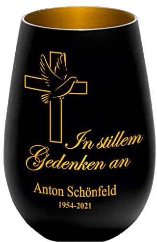 Trauerlicht - In stillem Gedenken an - Schwarz/Gold - Gravur Namen und Datum - Gedenklicht Erinnerungslicht Grablicht Trauergeschenk