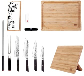 Kotai Le Set Complet Plus 9 pièces : 6 couteaux + porte-couteaux magnétique en bambou + planche à découper en bambou + set d'aiguisage grain 400/1000