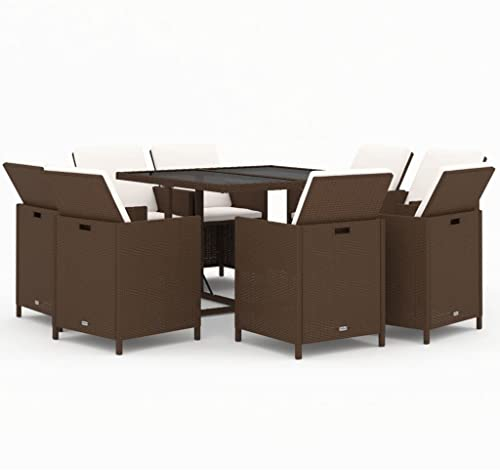 vidaXL Gartenmöbel Set 9-TLG. mit Kissen Gartengarnitur Sitzgruppe Gartenset Sitzgarnitur Gartentisch Esstisch Tisch Stühle Poly Rattan Braun