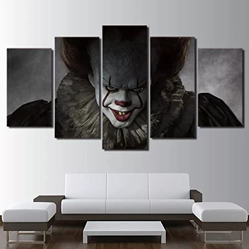 MRCCS Leinwanddrucke Modulare Wandkunst Wandaufkleber 5 Teiliges Wandbild Druck auf Leinwand Malerei Moderne Abstrakte Poster Mit Rahmen L/150cm×80cm Pennywise Clown Horror Scary Picture