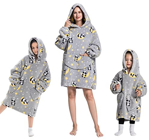 Geagodelia Oversized Hoodie Pullover für Damen Kinder Kuschelig Fleece Decken Hoodie, Hoodie Decke zum Anziehen Weiche Kuschelpullover Hausanzug Kapuzenpullover Winter (Grau - Panda, 2-5 Jahre)