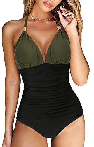 DOULAFASS Swimming Costume Women Tummy Control Swimsuit Halter V Neck Padded One Piece Emerald Black