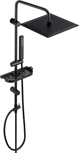 Görbach Regendusche Duschsystem mit Ablage, Edelstahl Duschset ohne Armatur mit Duschkopf, Duschstange, Duschschlauch, XXL Kopfbrause Schwarz (30x30cm)