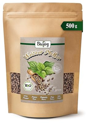 Biojoy Poivre blanc BIO entier, grains pour moulin, 500 g | Baies de poivre du Sri Lanka, séchées, Piper nigrum L., Schinus terebinthifolia L.