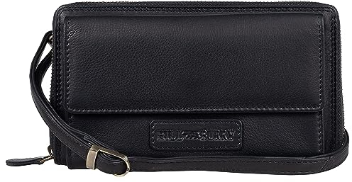 Hill Burry Echtleder Handy Portemonnaie Rinara I Geldbörse | Umhängetasche | Handy Wallet hochwertigem naturgegerbtem Leder | RFID Schutz Black