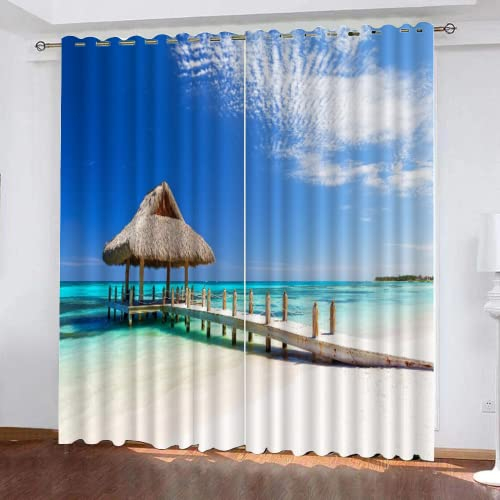 Holzhauslandschaft Am Meer Verdunklungsvorhänge Strand Ozeanlandschaft Blickdichte Gardinen 2Er Set, Thermo Vorhänge Für Schlafzimmer Wohnzimmer Kinderzimmer Küche Fensterdekoration (117 x 137cm)