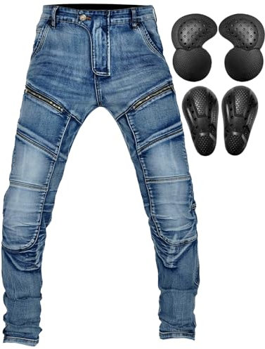 QIYUANT Herren Motorradhose Motorrad Jeans Reiten Schutzhose Denim Stretch Reißfester Vintage Casual Jeanshose mit Abnehmbar Verbesserter Rüstung Knie-Hüftpolster (Blau, XL)