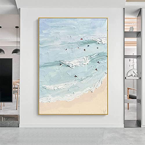 Ölbilder Auf Leinwand Handgemalt,100% Handgemaltes Acrylgemälde Extra Großes Kunstwerk Ölgemälde, Abstrakte Blaue Wellen Strand Textur Kunstwand, Moderne Wandkunst Rahmenloses Cooles Bild Für W