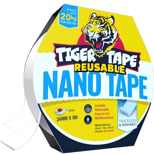 Tiger Tape® Nano Mounting Tape | Heavy Duty, Double-Sided, Reusable, Removable Adhesive | Strong Hold (Up to 20kg/m), Traceless, Crystal Clear | Perfect for Home, Office, DIY, and More | 5m Roll