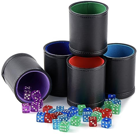 5 Pack Black PU Leather Dice Cups with Colorful Velvet Felt-Lined Interior and 30 Matching Colorful Transparent Dices