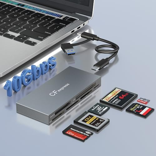 CFexpress Typ B Kartenleser, USB 3.2 Gen 2 10 Gbit/s, 6 in 2 CF Express Kartenleser, Liest 6 Karten Gleichzeitig für CFexpress Typ B/XD/MS/CF/SD/TF, Tragbarer CFexpress Kamera Kartenleser Adapter
