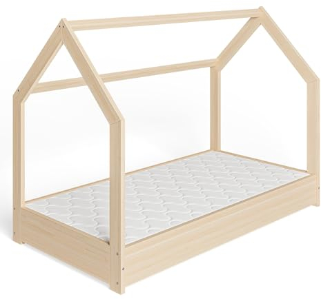 ms factory Hausbett Kinderbett 80x160 cm mit Lattenrost - Einzelbett aus Kiefernholz für Mädchen und Junge - Kinderbett mit Matratze - Natur Farblos