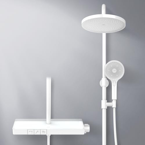 EMKE Duschsystem mit Thermostat Regendusche Duschset, 45cm Thermostatische Platte, Regendusche Duscharmatur Handbrause 3 Strahlarten,Regendusche mit Armatur, KTW-Zertifizierung, MattWeiß
