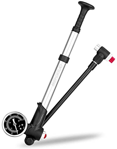 Sunydog Pompe à Choc de vélo avec manomètre 300PSI Pompe à air de gonflage de Pneu de vélo Haute Pression pour Fourche de vélo et Suspension arrière(Argent,Version Courte)