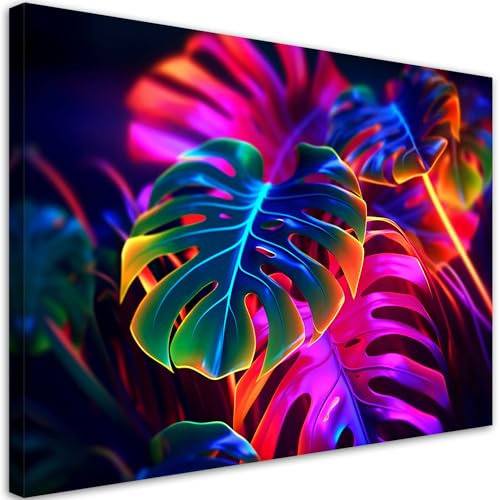 Feeby - Wandbilder Wohnzimmer AI Neon Tropische Blätter 20x30 cm Leinwand Bilder, Bilder für Schlafzimmer, Echter Gemalter Effekt, Moderne Wanddeko, Gemälde - Natura Monstera mehrfarbig