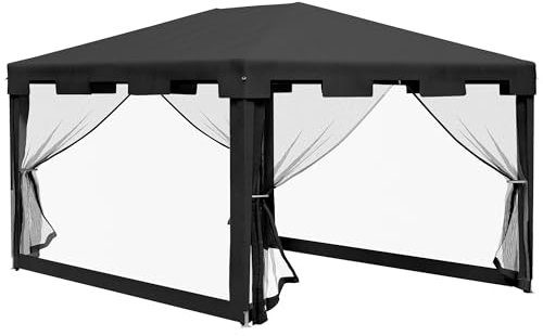 Outsunny Gazebo 4x3 m con Zanzariera e 2 Ingressi, Gazebo da Giardino in Metallo e PE, Grigio Scuro