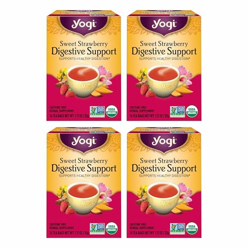 Yogi Sweet Strawberry Digestive Support Herbal Tea, Caffeine-Free, Vegan Friendly, Kosher, USDA Certified Organic, Non-GMO, 16 Tea Bags (Pack of 6)
