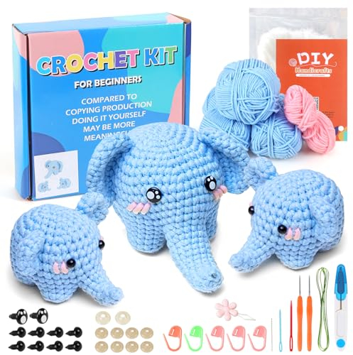 ASTNIC Häkelset für Anfänger, 3 Tiere Häckeln Stricken für Anfänger Set mit Häkelnadeln Garn und Schritt-für-Schritt Videoanleitungen KreativBastelset für Erwachsene Geschenk (Elefant)