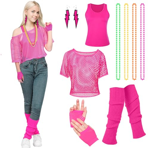 Ensemble haut en résille pour femme des années 80 et 90 - T-shirt néon - Style rétro - Avec gants en maille - Jambières pour fête à thème, carnaval, fête néon (rose, taille 2XL)