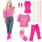 Ensemble haut en résille pour femme des années 80 et 90 - T-shirt néon - Style rétro - Avec gants en maille - Jambières pour fête à thème, carnaval, fête néon (rose, taille 2XL)