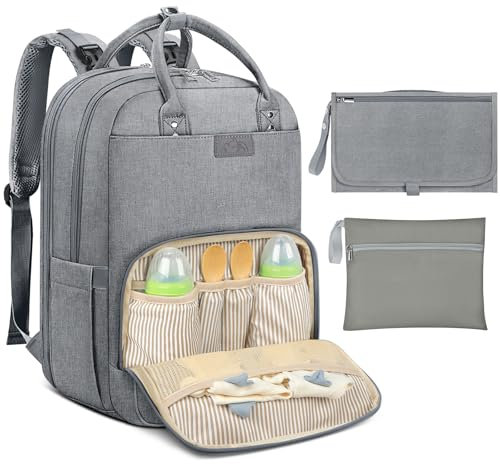 Baby Changing Bag Backpack with Portable Changing Mat Waterproof Nappy Bag Multifunction Baby Diaper Bags Large Rucksack Bag for Mom & Dad Gray