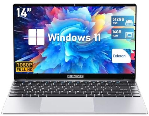 FUNYET Laptops 14 Zoll Notebook N5095 Win 11 Computer 16 GB RAM, 512 GB SSD Unterstützt die SD-Karte, Erweiterte TF-Karte, Kabellos, Bluetooth, Rotation um 180 °