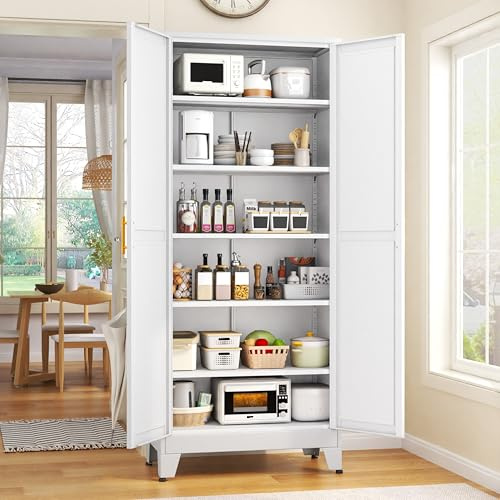 GAIOUS 75.2 Tall Metal Kitchen Pantry Storage Cabinets with 2 Door and 5 Adjustable Shelves, Cupboard for Kitchen, Dining Room, Living Room and Bathroom, White