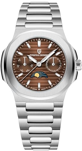 TYBERLEY Pagani Design Elegante Damen Quarzuhr Moonphase Multifunktions Chronograph Voll Edelstahl Wasserdicht Luxus Sport Armbanduhren Automatik Datum Tag Anzeige 1786, Braun, Elegant