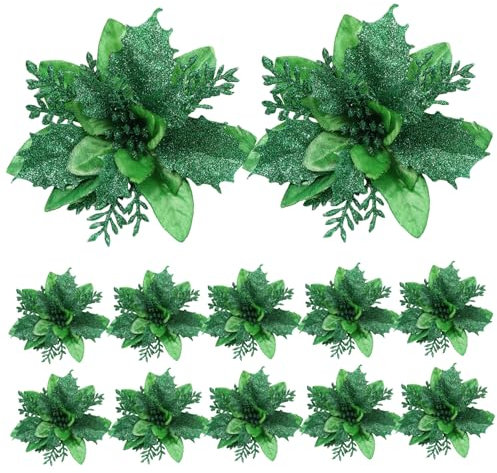 12 Fiori di Natale a Forma di Stella, Artificiali a Doppio Strato, 14 cm, Decorazioni Brillanti per Albero e Ghirlande, Verde