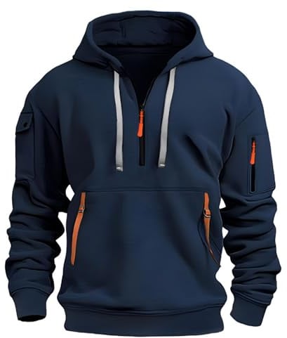 LBL Men's Hoodies Casual Pullover Hooded Sweatshirt Long Sleeve Quarter Zip Hoody Tops With Kangaroo Pocket APH055 Navy XXL