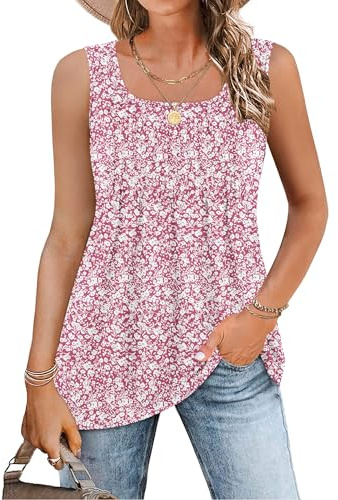 WNEEDU Débardeurs d'été Femme Col Carré Chic et élégant Chemise sans Manches Sexy Tank Tops Tunique Femme Grande Taille Petites Fleurs Roses S
