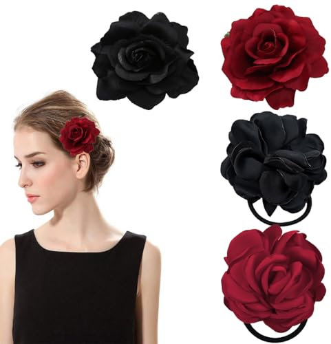UEIOAVL Piques et épingles à cheveux, Lot de 4 pinces à cheveux et bandeaux à fleurs élégants pour filles et femmes fête quotidienne plage mariage (noir, bordeaux)