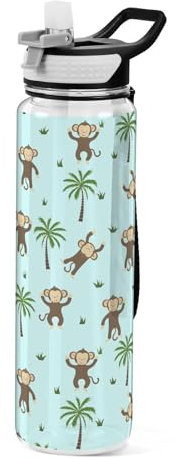 Funny Monkey Tree Palm Wasserflasche 1L mit Strohhalm, auslaufsicher, BPA-frei, Tritan Trinkflasche, Sport-Wasserflasche für Männer, Frauen, Kinder